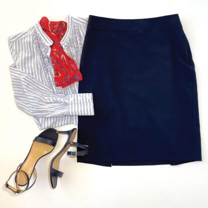 Banana Republic navy wool pencil skirtstyled with blouse and shoes