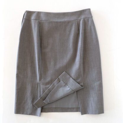 Rear view of a Banana Republic gray pencil skirt showing the 2 vents that allow for easy movement