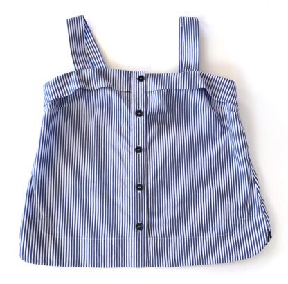 Full front view of a Banana Republic poplin tank in a blue and white vertical stripe with blue buttons down the front