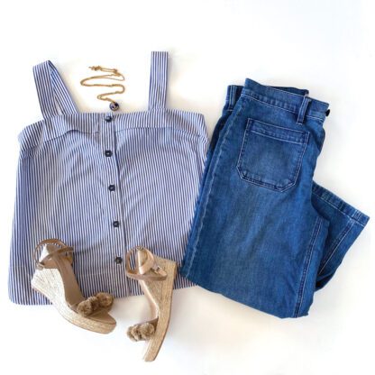 Banana Republic poplin tank blouse styled with jeans and espadrilles