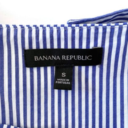 Closeup of Banana Republic brand label in blue and white stripe tank blouse