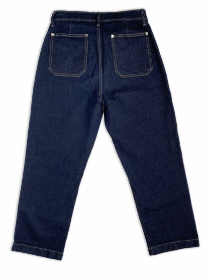 a full overhead view the back side of a pair of Banana Republic cropped denim pants in dark wash