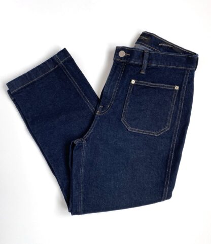 a full overhead view of a pair of Banana Republic cropped denim pants in dark wash folded in half