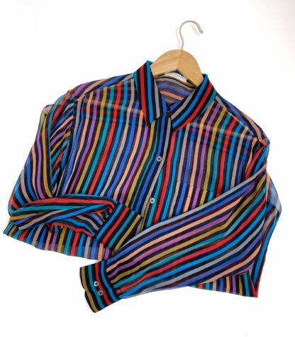 front view of a pre-loved and vintage Equipment striped silk blouse folded over