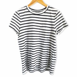 front view of Banana Republic black and cream stripe pocket tee shown on a hangar